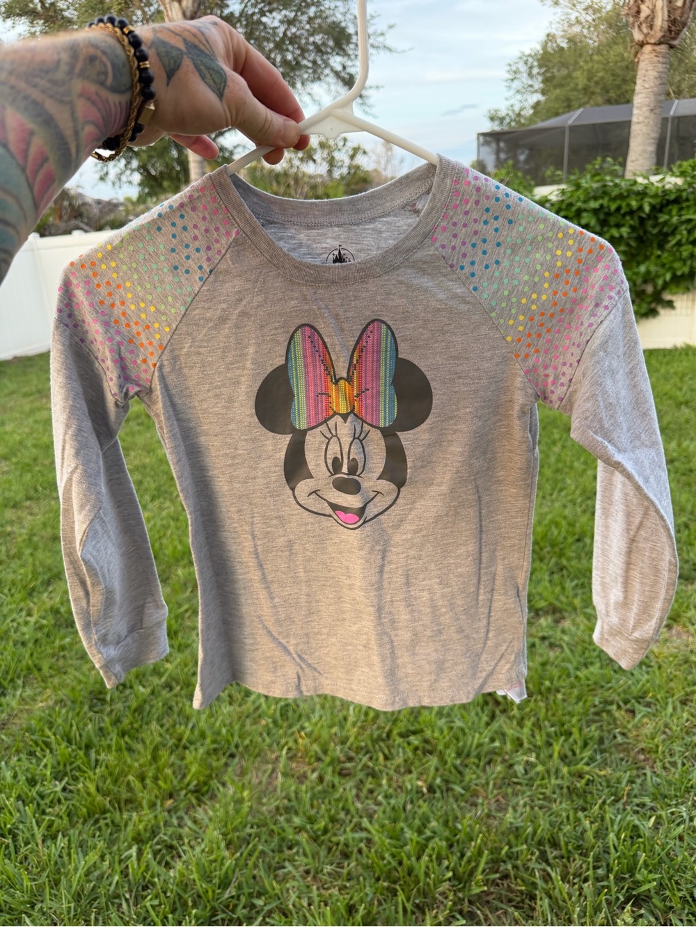 Disney Gray Long Sleeve Minnie Top with Rainbow Bow and Polka Raglan
